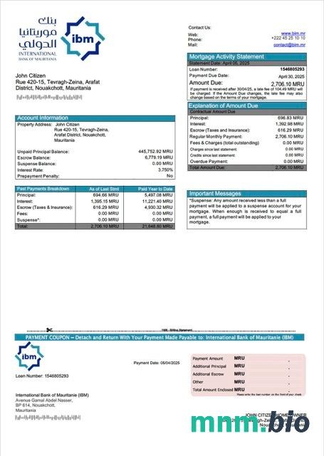 Mauretania International Bank of Mauritanie (IBM) wyciąg z kredytu hipotecznego szablon Word i PDF